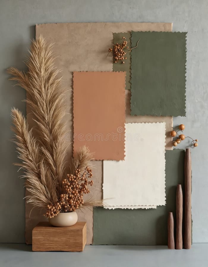Sage green and terracotta fabric swatches mood board for a warm living room color palette