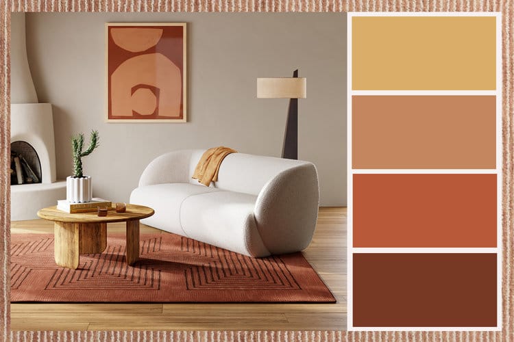 Warm terracotta and cream color palette swatches for a cozy living room