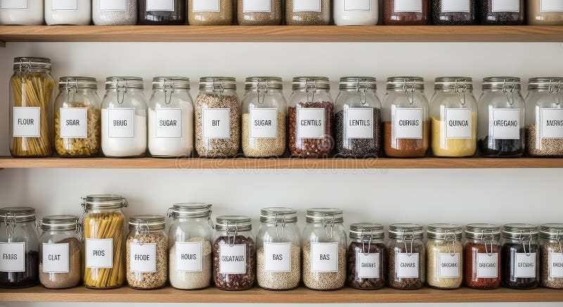 Organized kitchen pantry with labeled jars on wooden shelves