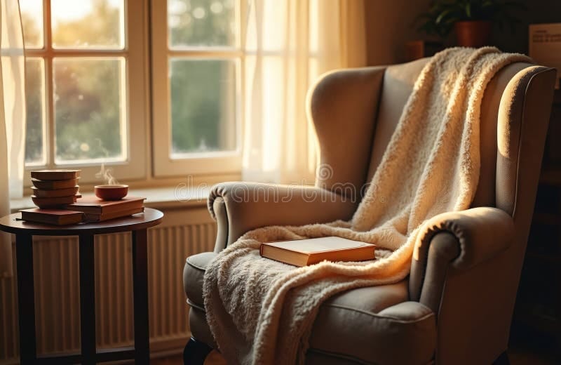 Cozy reading corner with armchair, blanket and sunlight through window
