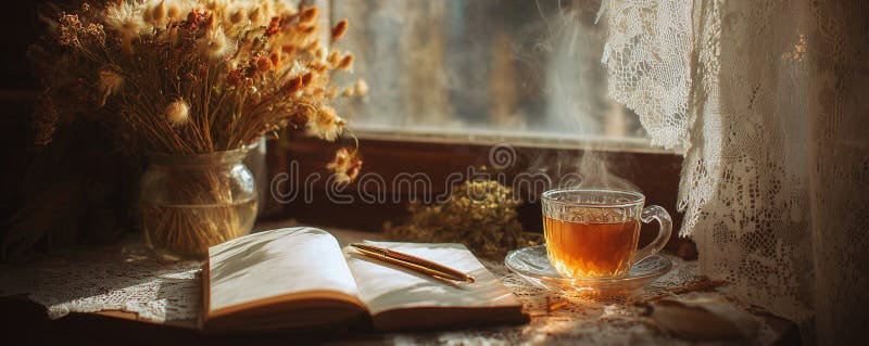 Cozy workspace with steaming tea, journal and dried flowers by a window representing slow living