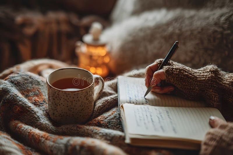 Woman enjoying a slow living moment with tea and journal by the window