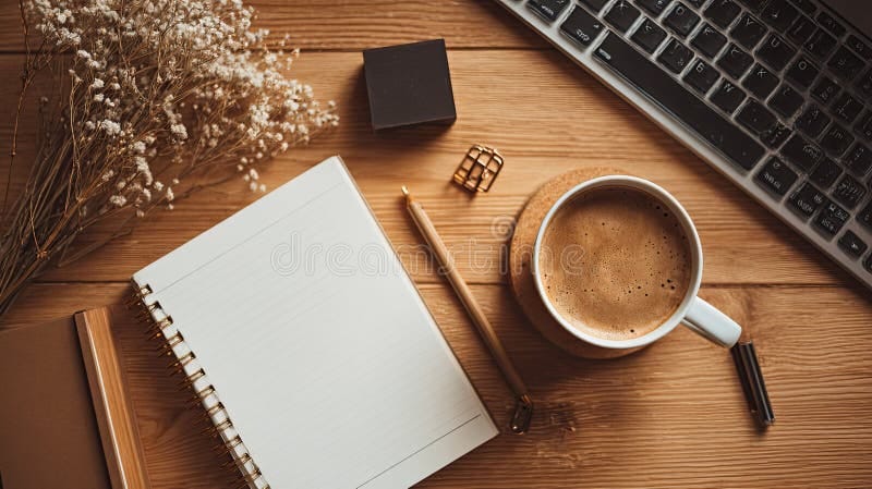 Cozy desk with coffee, notebook and weekly planner for Sunday planning routine