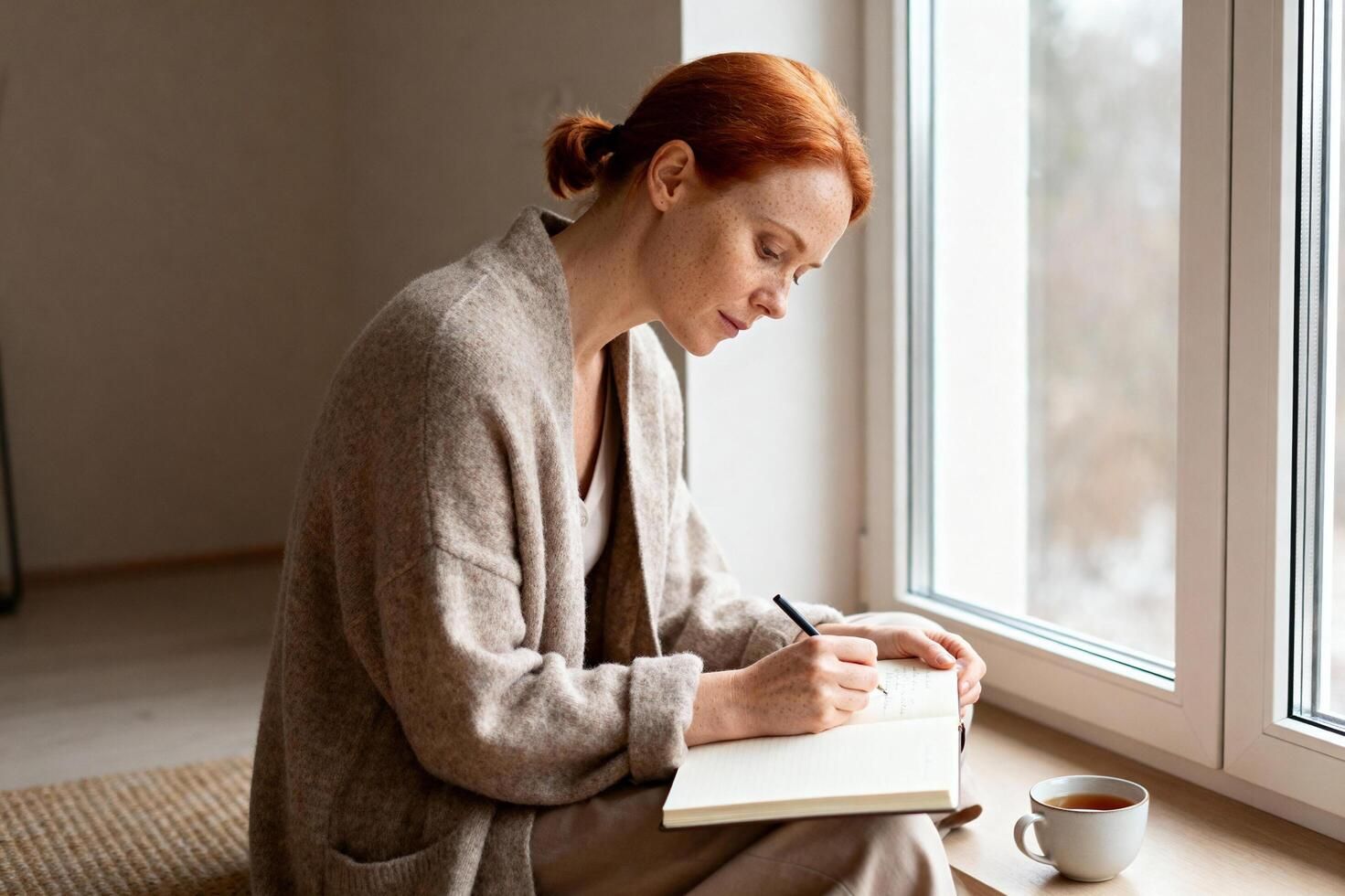 Woman journaling with tea by a sunlit window in a slow living moment