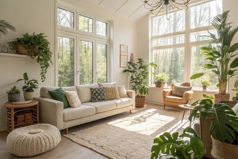 Warm, sunlit living room decorated with soft textures and plants in a cozy earthy color palette